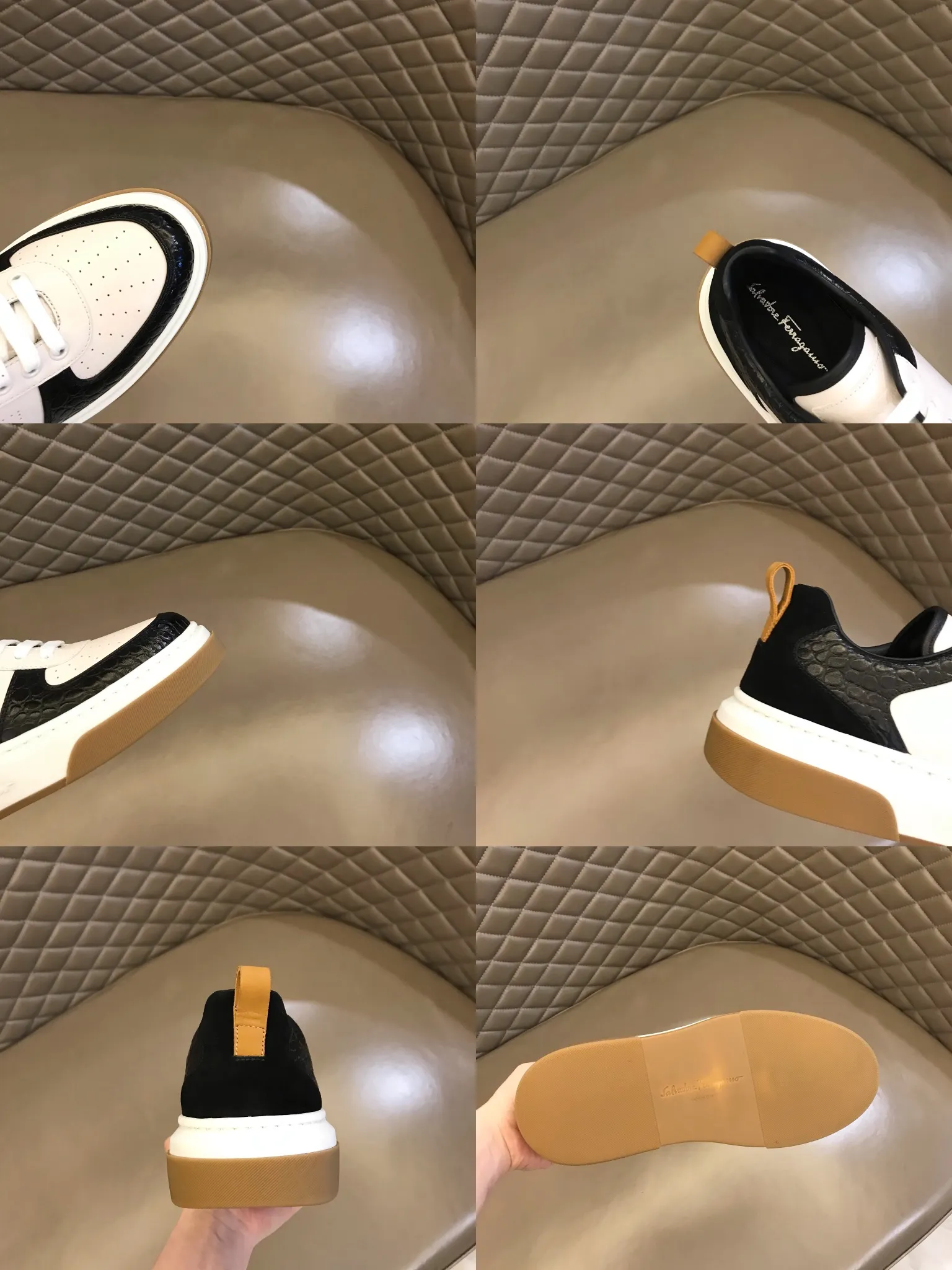 p420 "Salvatore Ferraga**" men's low-cut fashion sneakers. This casual shoe has a novel structure and is made of soft calfskin. The contrasting color elements on the upper highlight the bold and avant-garde atmosphere. The first-layer cowhide lining is high-end and comfortable. Energetic and fresh, these shoes can be worn with casual looks or add a touch of street style to elegant trousers.  Size: 38-44